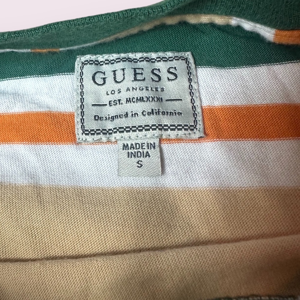 Men’s Guess Los Angeles Tan White Green Orange Stripe S/S Tee Shirt Sz Small - Picture 8 of 9